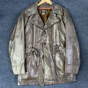 Vintage Schott Leather Trench Coat Mens 44 Brown Belted Faux Fur Lined Winter
